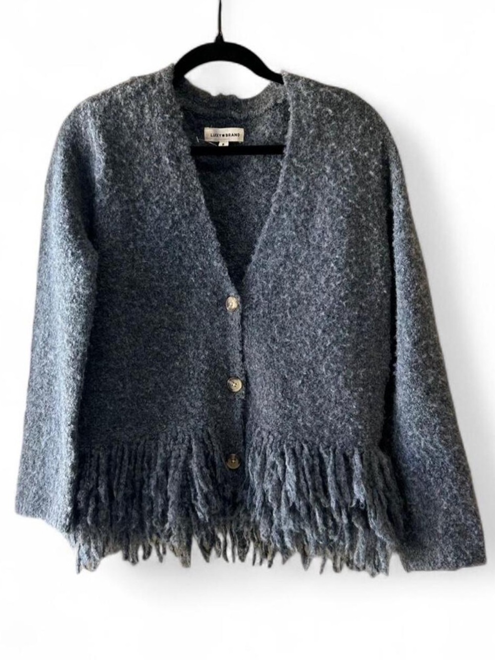 NWT Lucky Brand Gray Knit Fringe Fuzzy Cardigan Work Sweater Woman's Medium